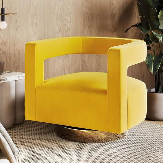Swivel Barrel Accent Chair, Modern Upholstered Arm Comfy Velvet Curved Back Round Chair with Gold Base Wood Frame, 360 Degree for Living Room Bedroom Office,Yellow