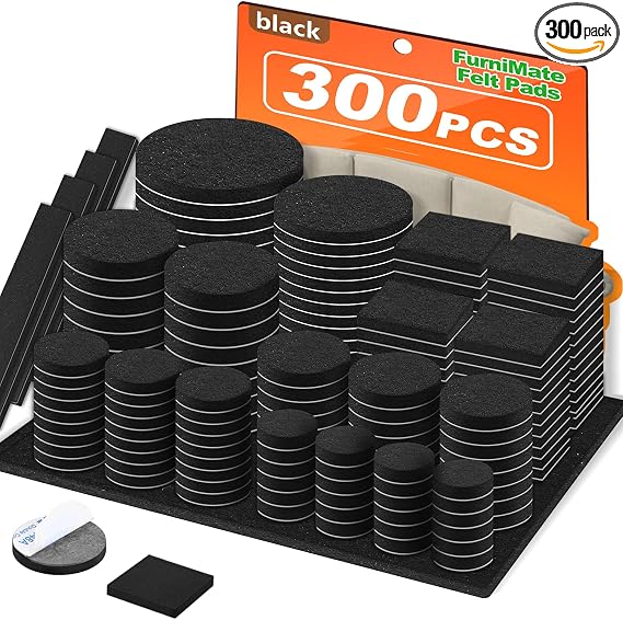 Felt Furniture Pads 300 Pieces, Furniture Pads for Hardwood Floors, Felt Pads for Chair Legs Furniture, Floor Protectors for Furniture Black
