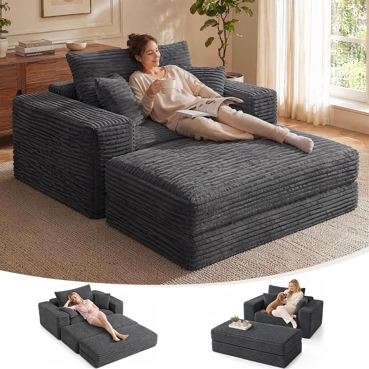 Oversized Chaise Lounge Chair with Ottoman Indoor, 82" Sofa Chair Bed