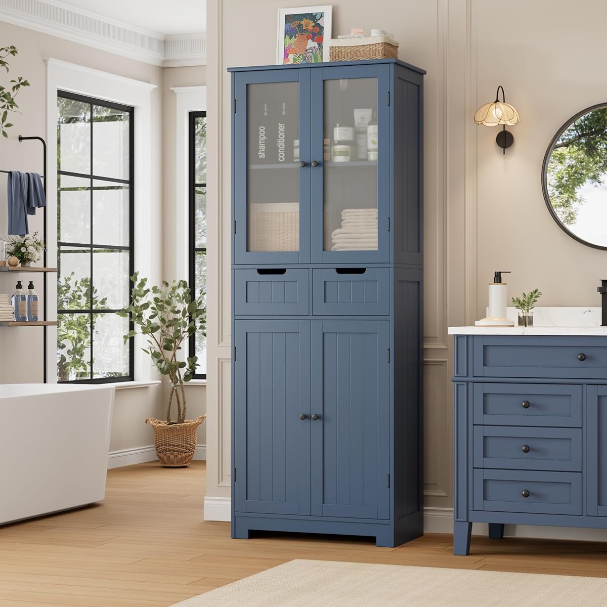 67" Tall Bathroom Storage Cabinet, Freestanding Storage Cabinet with Glass Door and Shelves, Kitchen Pantry with 2 Drawers for Bathroom, Living Room, Dining Room, Blue