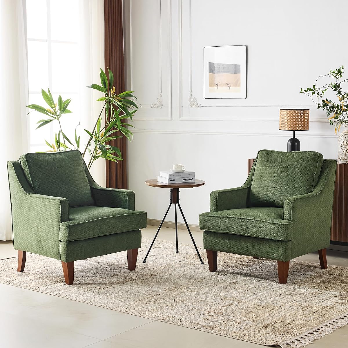 Mid-Century Modern Accent Chairs Set of 2, Green Upholstered Armchair Comfy Sofa Chairs Reading Chair High Back for Living Room Bedroom Furniture Apartment