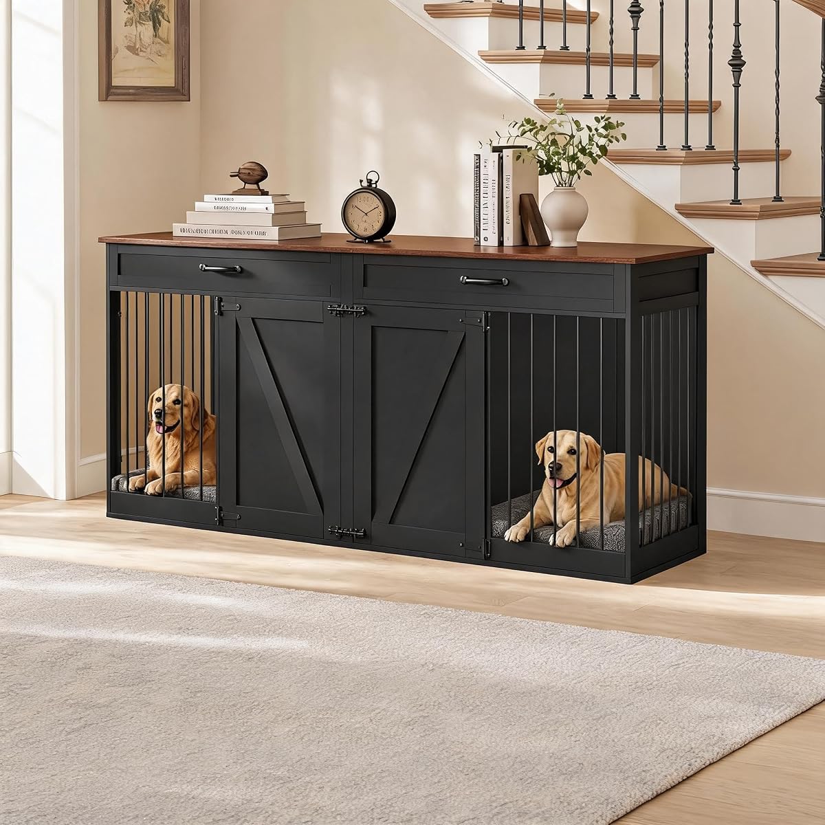 71'' Double Dog Crate Furniture for 2 Dogs, Dog Crate with 2 Drawer