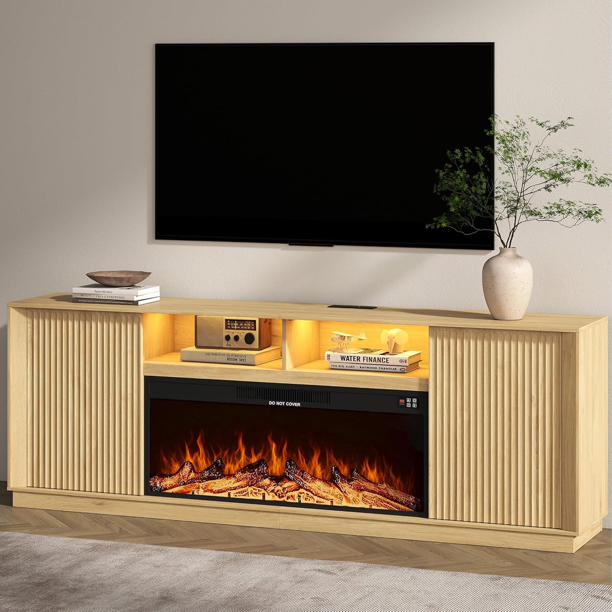 80" Fireplace TV Stand for 90" TV, Fluted Arched Entertainment Center, Oak