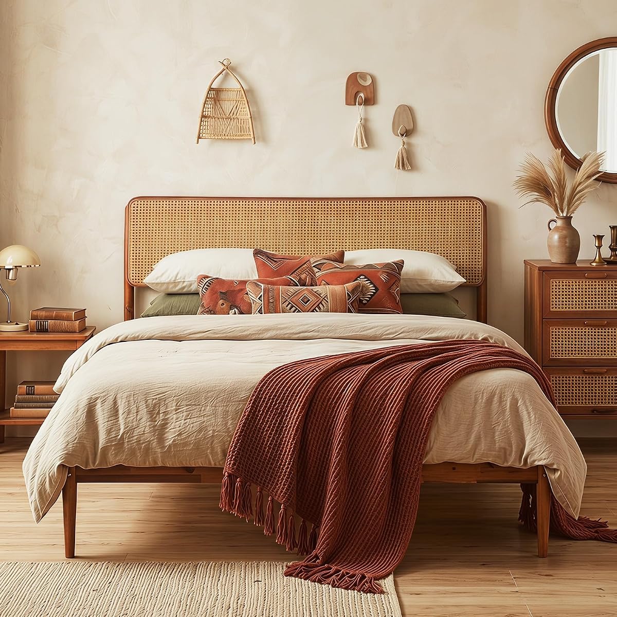 Queen Size Bed Frame w/Natural Rattan Headboard, Boho Platform Bed