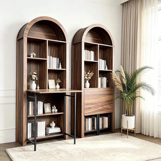 Folding Desk with Storage, Arched Craft Desk with Bookshelf-Walnut