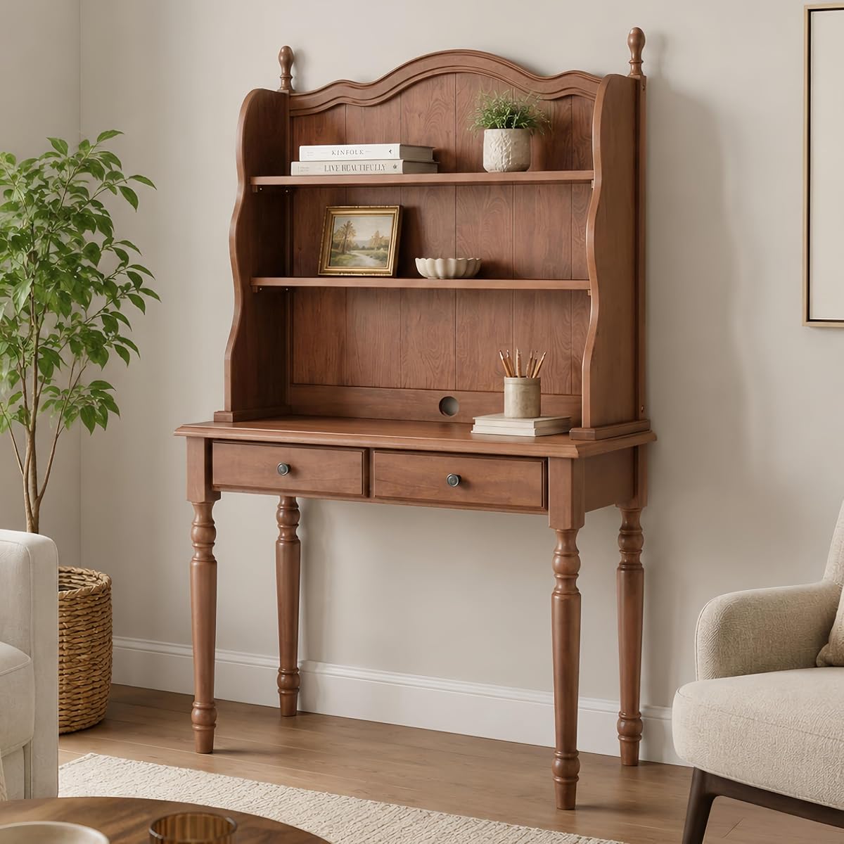 Mid-Century Desk with 2 Drawers, Hutch and Storage Shelves