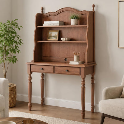 Mid-Century Desk with 2 Drawers, Hutch and Storage Shelves