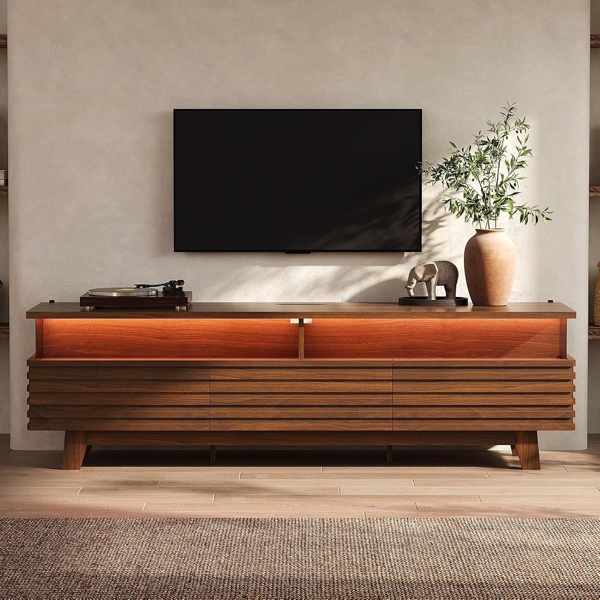 TV Stand with Cable Management, LED, Power Station (Walnut, 70.9")
