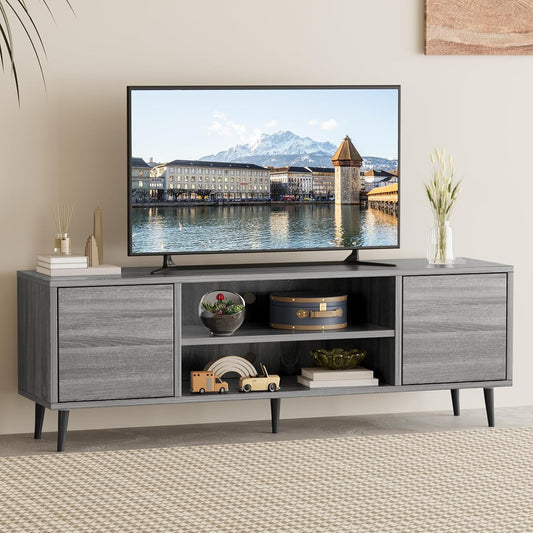 Mid Century Modern TV Stand for 65 inch TV, Entertainment Center with Storage, Media Console with Sturdy Legs, Push-to-Open Cabinets, Wooden Living Room Furniture, Bright Gray