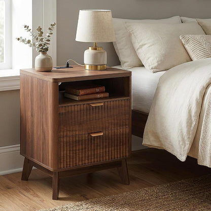 Fluted Nightstand with Charging Station, 19.7 inch Wide End Table with 2 Drawers, Modern Wood Bedside Table for Bedroom,Brown,1 Pcs
