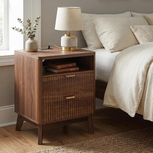 Brown fluted nightstand with charging station and 2 drawers