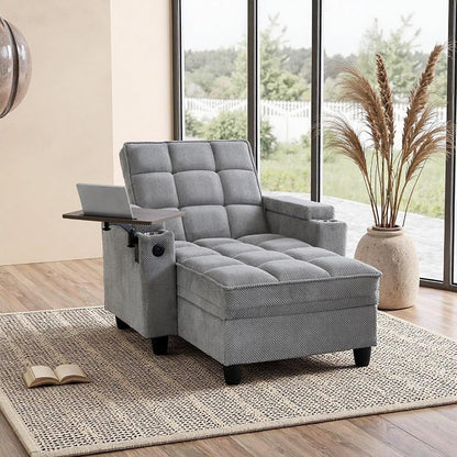 oaaktu Modern Tufted Linen Fabric Chaise Lounge Sofa Chair with Rotating Side
