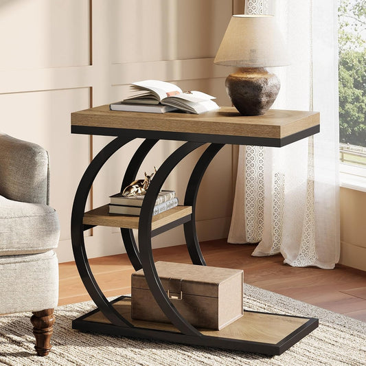 Tribesigns End Table for Living Room, 3-Tier Narrow Wood Couch C-Shaped Side Table with Storage, Industrial Nightstand for Bedroom, Small Spaces, Natural