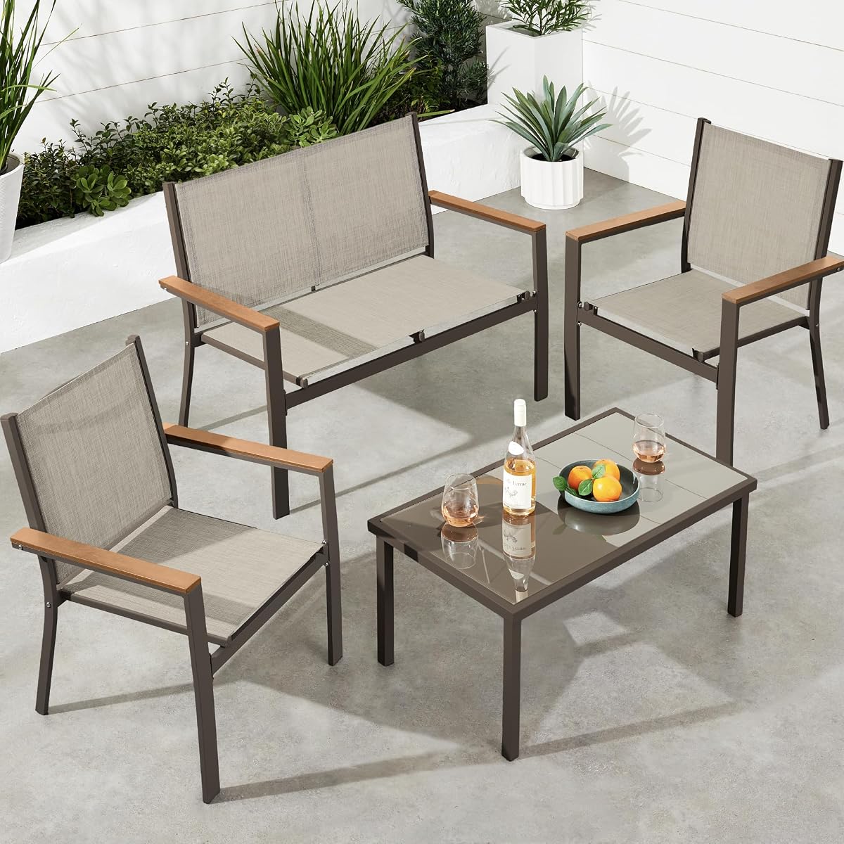 Best Choice Products 4-Piece Outdoor Textilene Patio Conversation Set, Backyard Furniture w/Loveseat, Coffee Table, Steel Frame - Brown/Tan