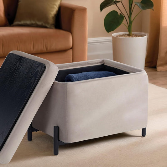 ® Connor 24" Small Storage Ottoman, Modern Boho, Matte Black Metal Legs, Velvet Fabric, Taupe