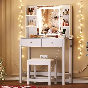 Vanity Desk with LED Mirror, 3 Lighting Modes and Chair, view 2