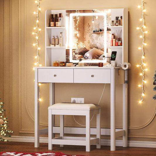 Vanity Desk with LED Mirror, 3 Lighting Modes and Chair