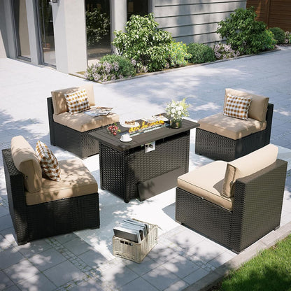 Patio Furniture Set with Fire Pit Table, 5 Piece Outdoor Sectional Sofas, Wicker Rattan Outdoor Furniture with Thickened Cushion for Backyard, Garden Begin