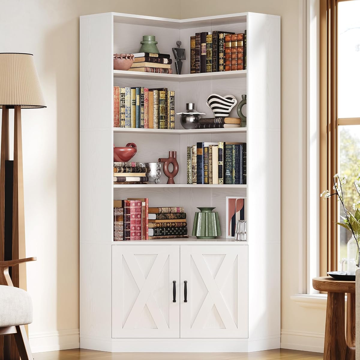 Corner Bookshelf, 72.7" Tall Corner Bookcase with Door, White