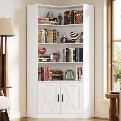 Corner Bookshelf, 72.7" Tall Corner Bookcase with Door, White
