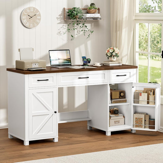 59" White Home Office Desk with Storage, Wood Computer Desk with 3 Drawers