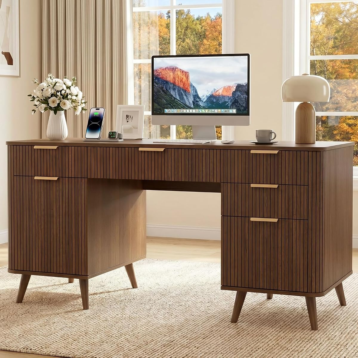 59" Fluted Executive Desk with 5 Drawers & Charging Station,Walnut