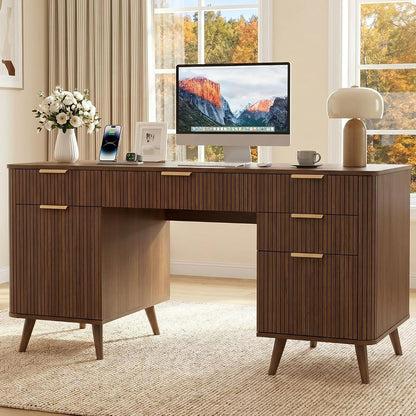 59" Fluted Executive Desk with 5 Drawers & Charging Station,Walnut