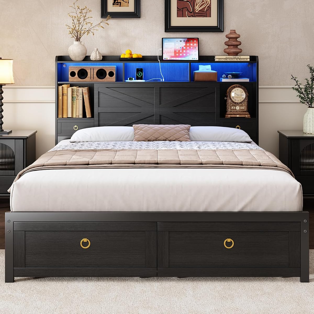 Queen Bed Frame with Storage Headboard