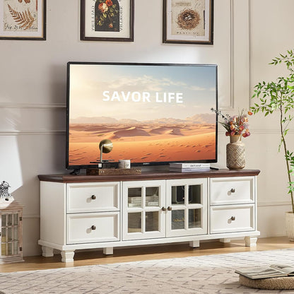 Farmhouse TV Stand with Glass Doors for Living Room, White