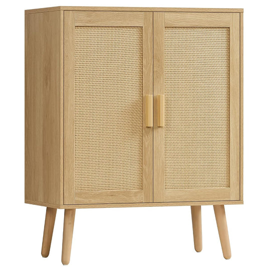 Storage Cabinet with 2 Shelves, Rattan Cabinet with 2 Doors, Sideboard Buffet Cabinets with Storage for Living Room, Dining Room, Entryway, Natural