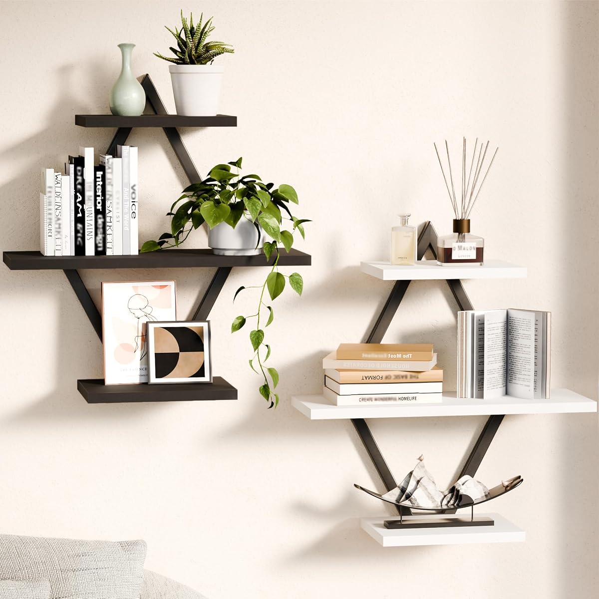 Floating Wall Shelves, Set of 2, Black & White | 3-Tier Hanging, Wall Mounted, Sturdy & Durable, For Bathroom, Living Room, Bedroom, Kitchen, Office