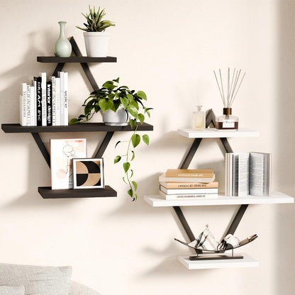 Floating Wall Shelves, Set of 2, Black & White | 3-Tier Hanging, Wall Mounted, Sturdy & Durable, For Bathroom, Living Room, Bedroom, Kitchen, Office