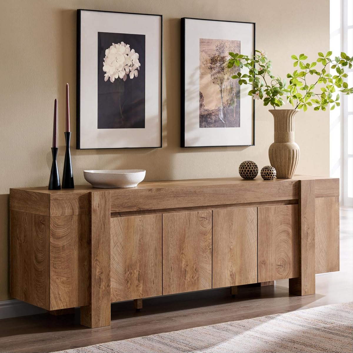 70" Modern Farmhouse TV Stand for TVs up to 80 Inch, Light Knotty