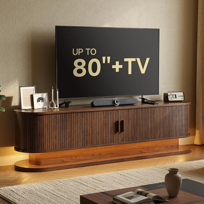 70" TV Stand up to 80 Inch with LED Lights and Power Outlet, Walnut
