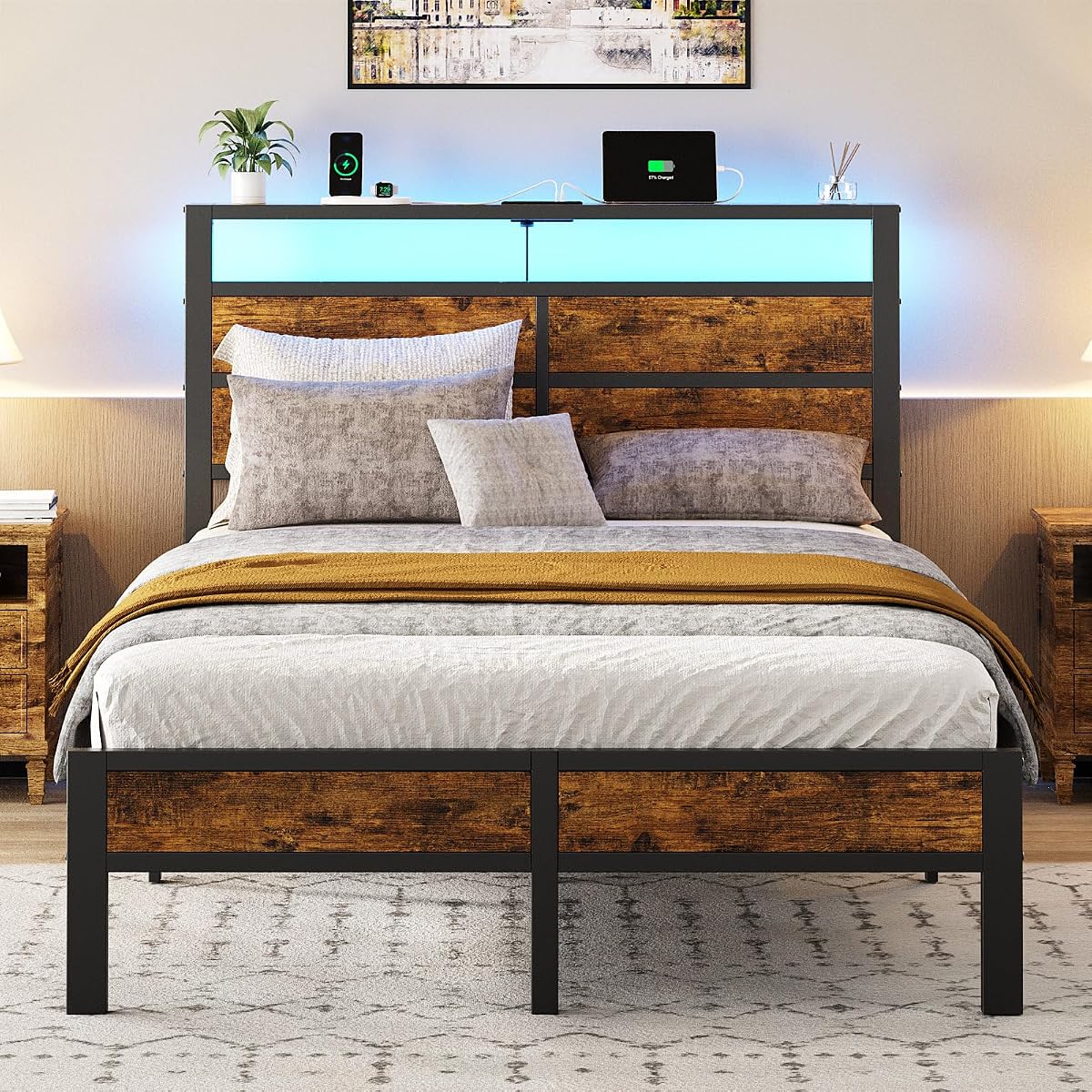 Full Size Bed Frame, Full Bed with Charging Station Headboard and LED Lights