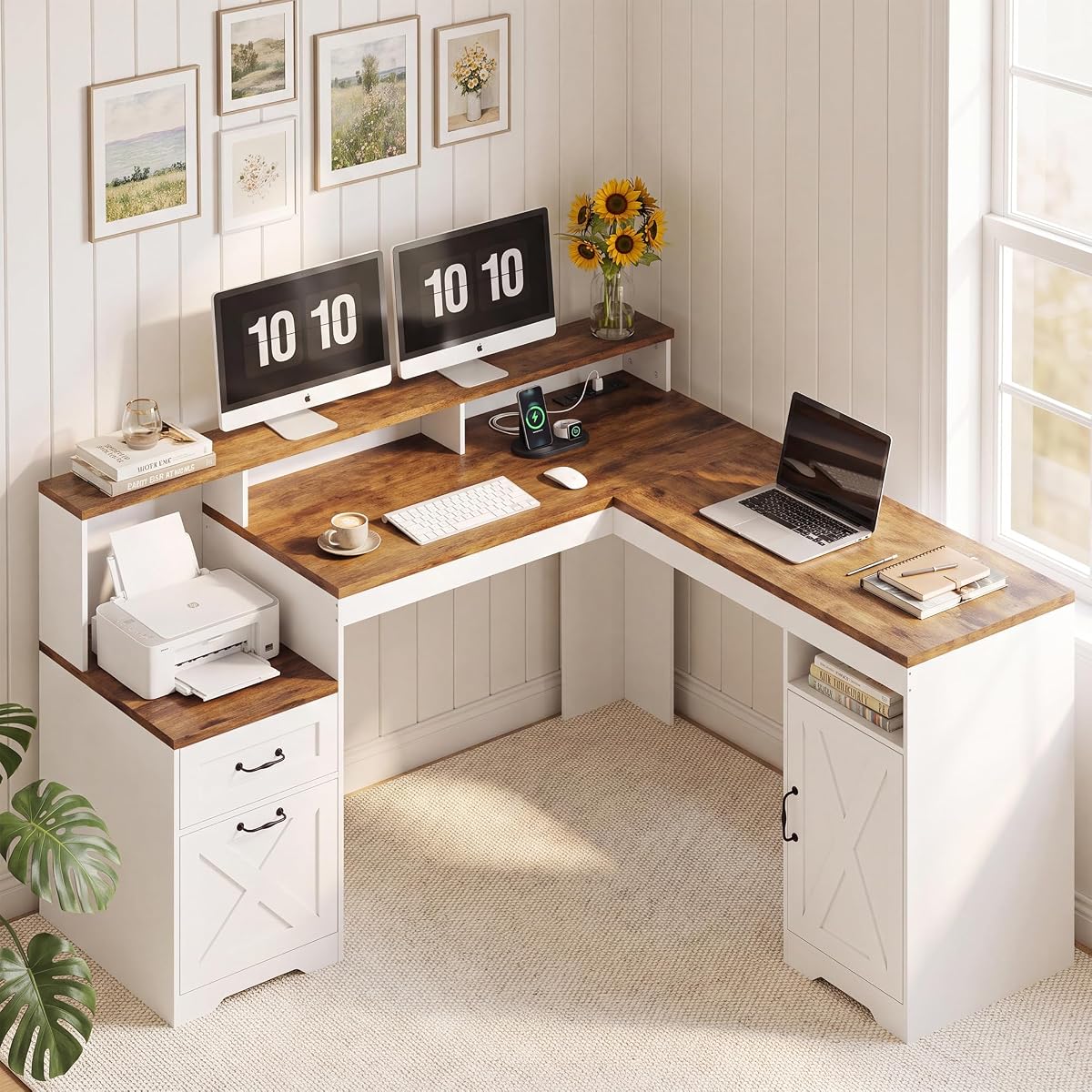 63 Inch Farmhouse L Shaped Computer Desk with Drawers & Power Outlets