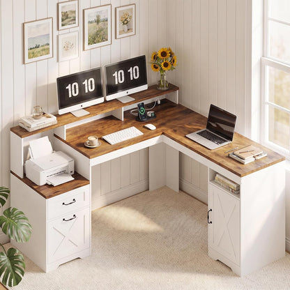63 Inch Farmhouse L Shaped Computer Desk with Drawers & Power Outlets