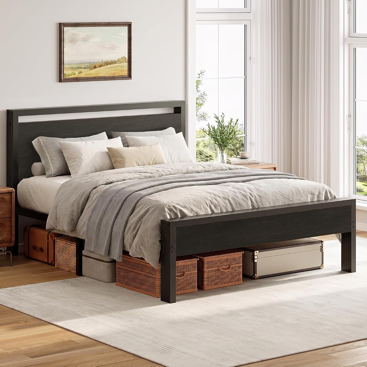 14 Inch Queen Bed Frame with Wood Headboard, Black