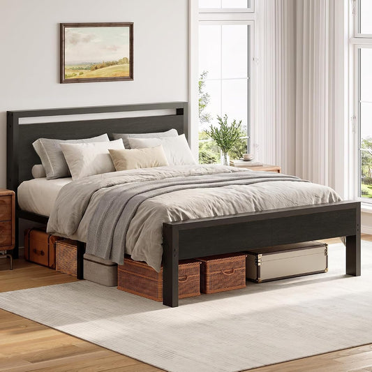 14 Inch Queen Bed Frame with Wood Headboard, Black