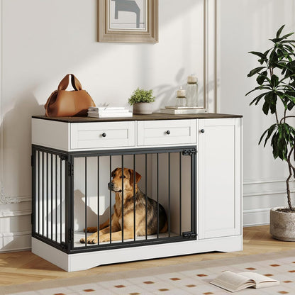 47" Farmhouse White Dog Crate Furniture Modern Dog Kennel End Table