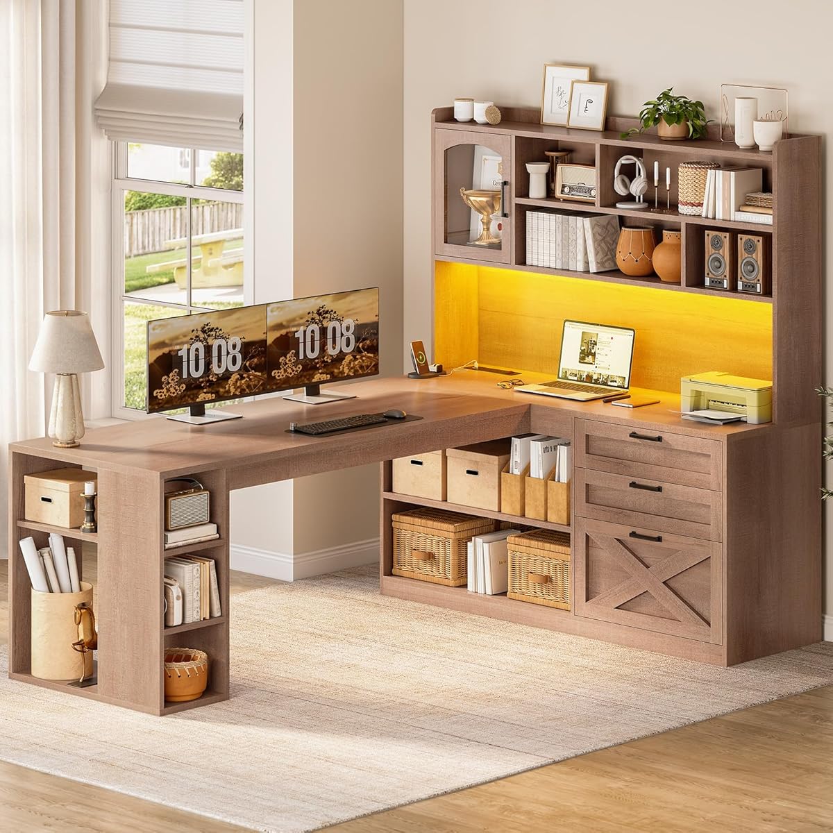 Farmhouse L Shaped Office Desk with Drawers, 61” Computer Desk with Storage Shelves and Power Outlet, Corner Gaming Desk with LED Light and Display Cabinet for Home Office, Light Brown