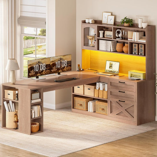 Farmhouse L Shaped Office Desk with Drawers, 61” Computer Desk with Storage Shelves and Power Outlet, Corner Gaming Desk with LED Light and Display Cabinet for Home Office, Light Brown