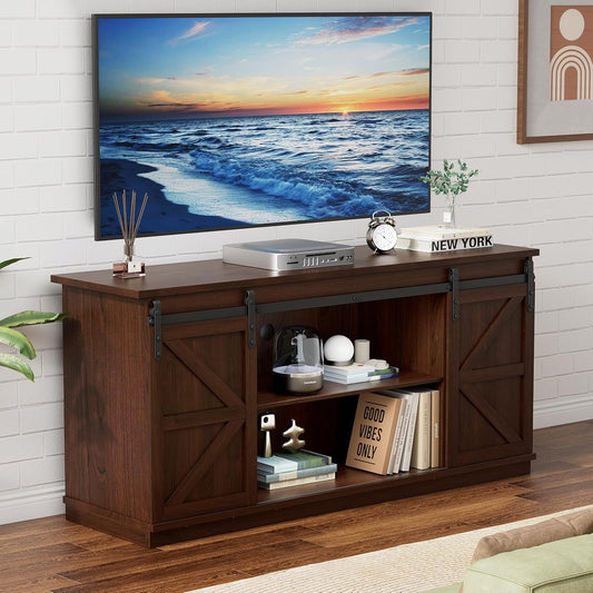 TV Stand for Televisions up to 65 Inches, with Sliding Barn Doors and Storage Cabinets, Console Table and Media Furniture for Living Room, 58 Inch, Espresso