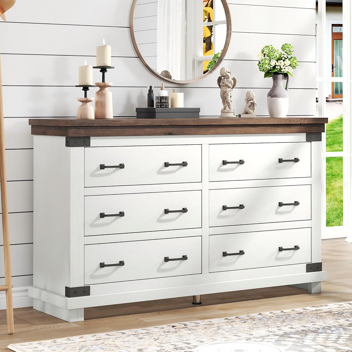 54" W Farmhouse Wood Dresser with 6 Drawers, Antique White
