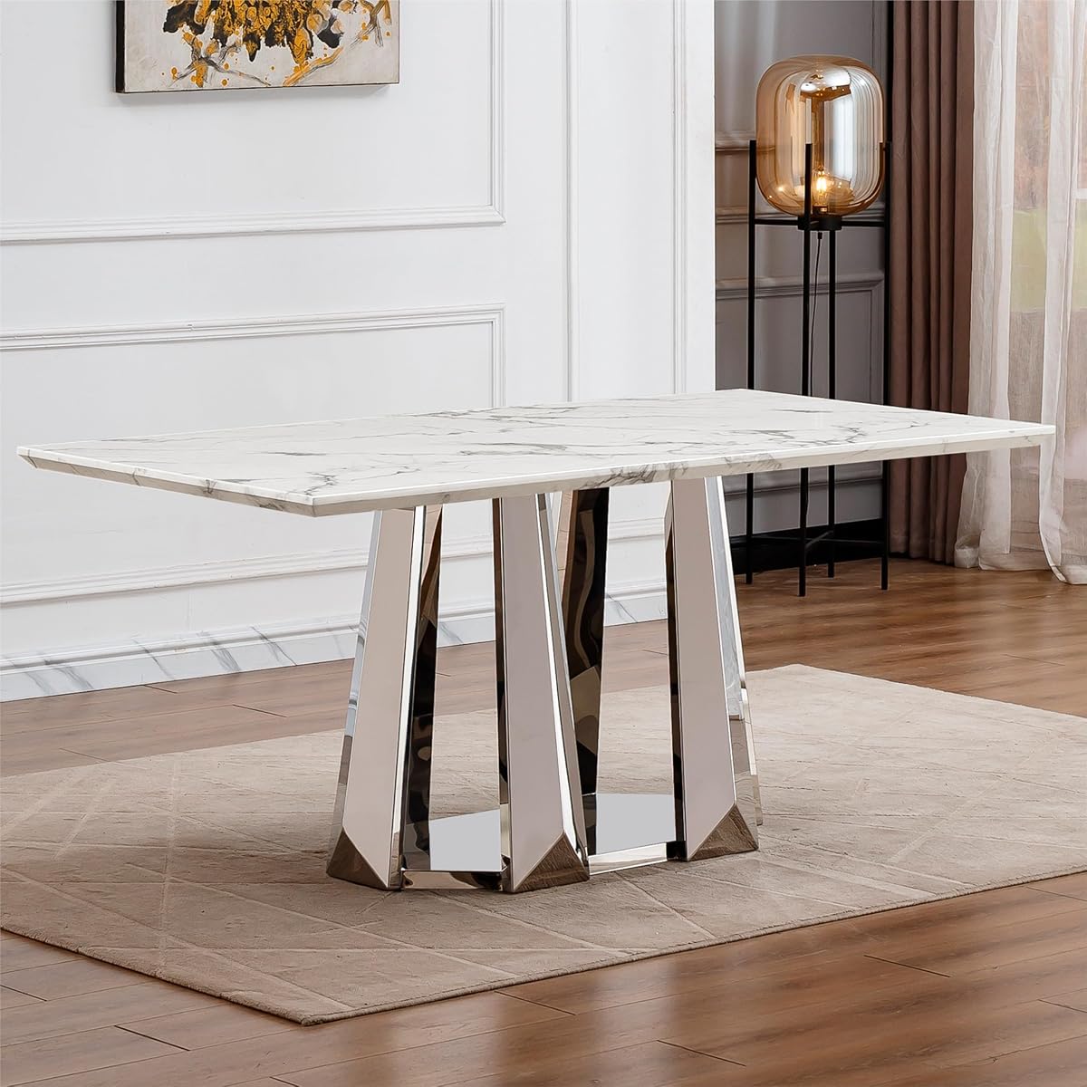 Marble Dining Table for 6 People, 70'' Rectangle Faux Marble Dining Table with Mirrored Stainless Steel Base, Large Size Marble Kitchen Table (Silver,White)(only Table)