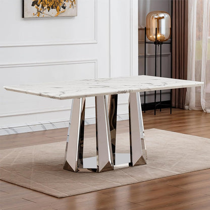 Marble Dining Table for 6 People, 70'' Rectangle Faux Marble Dining Table with Mirrored Stainless Steel Base, Large Size Marble Kitchen Table (Silver,White)(only Table)