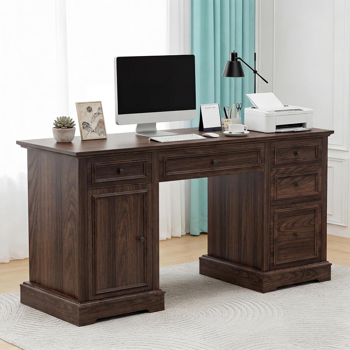 60" Farmhouse Executive Office Desk with Drawers and File Cabinet