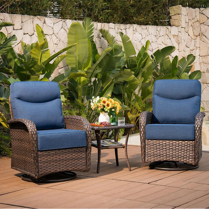 Upgraded 6“ Cushion Luxury 3 Pieces Patio Furniture Set - All Weather Wicker Outdoor Swivel Rocker Patio Chairs of 2 with Side Table, High Back Glider Chairs Set for Deck Porch - Brown/Blue