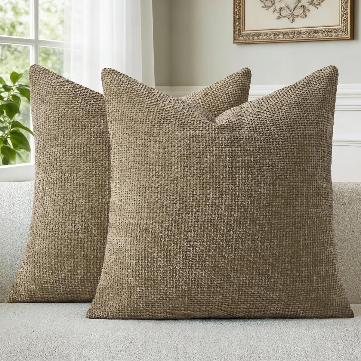 Brown Chenille Throw Pillow Covers 24x24 Inch Pack of 2 Modern Decorative Throw Pillow Cases Farmhouse Cross Covers Home Decor for Sofa Bedroom Living Room