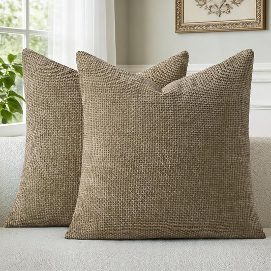 Brown Chenille Throw Pillow Covers 24x24 Inch Pack of 2 Modern Decorative Throw